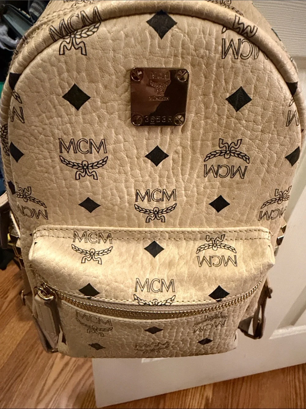MCM Beige Logo Canvas Mini Backpack with Gold Plaque